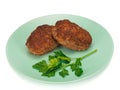 Homemade cutlets on a plate and white background.