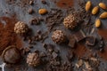 Homemade dark chocolate and almond nuts truffles surrounded by chocolate pieces and cocoa powder