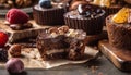 Homemade dark chocolate brownie with fresh raspberry and pecan generated by AI