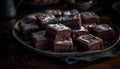 A homemade dark chocolate brownie on a wooden dessert table generated by AI