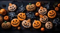 Homemade decorated cookies in the shape of scary orange pumpkins and cobwebs on a dark scary background