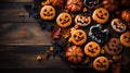 Homemade decorated cookies in the shape of scary orange pumpkins on a wooden background top view copy space Halloween