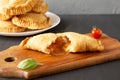 Homemade Deep Fried Italian Panzerotti Calzone with sauce, side view. Close-up Royalty Free Stock Photo