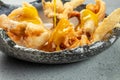 Homemade Deep Fried Seafood Platter with Fries on a light background top view. place for text Royalty Free Stock Photo