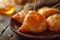 Homemade deep fried sopapillas with honey. Generative AI