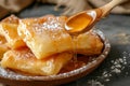 Homemade deep fried sopapillas with honey. Generative AI