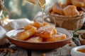 Homemade deep fried sopapillas with honey. Generative AI