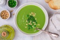 Homemade delicacy green pea soup cream with mint and pine nuts Royalty Free Stock Photo