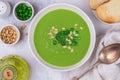 Homemade delicacy green pea soup cream with mint and pine nuts Royalty Free Stock Photo