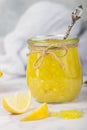 Homemade delicacy natural lemon jam marmalade, Kurd in a glass jar Royalty Free Stock Photo