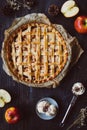 Homemade delicious apple pie with ice cream on the wooden table. Royalty Free Stock Photo