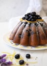 Homemade delicious and beautiful rustic Lemon Blueberry Cornmeal Cake served on a white plate Royalty Free Stock Photo