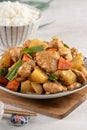 Homemade delicious cubed chicken with braised potato chunks