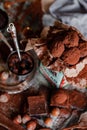 Homemade delicious dark chocolate  truffles. Served in vintage box, sprinkled with cocoa powder. Delicious elegant dessert for Royalty Free Stock Photo