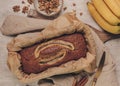 Homemade delicious fresh banana bread in baking tray Royalty Free Stock Photo