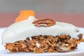 Delicious and healthy Vegan Carrot cake slice against isolated background, happy birthday