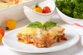 Homemade delicious Meat lasagna with basil leaf on the top.  italian Lasagna with bachamel sauce on gray background. Hot tasty Royalty Free Stock Photo