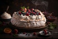 homemade delicious meringue cake with sweet white cream and berries