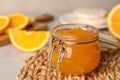Homemade delicious orange jam on rattan mat Royalty Free Stock Photo