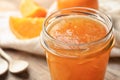 Homemade delicious orange jam on table Royalty Free Stock Photo