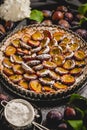 Homemade delicious plum tart with with sugar powder placed on the table