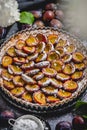 Homemade delicious plum tart with with sugar powder placed on the table