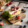 Homemade delicious slice of raspberry biscuit cake with white cream, strawberries, blueberries Royalty Free Stock Photo