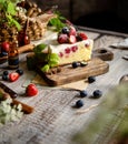Homemade delicious slice of raspberry biscuit cake with white cream, strawberries, blueberries Royalty Free Stock Photo
