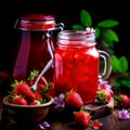 Homemade delicious strawberry compote in glass jar.