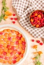 Homemade delicious sweet apricot pie served with raspberries on a table, top view Royalty Free Stock Photo