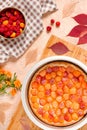 Homemade delicious sweet apricot pie served with raspberries on a table, top view Royalty Free Stock Photo