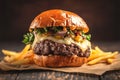 Homemade delight close up of a beef burger on wooden table