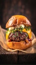 Homemade delight close up of a beef burger on wooden table