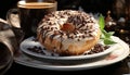 Homemade dessert chocolate donut with coffee, sweet temptation generated by AI