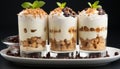 Homemade dessert layered tiramisu with chocolate, fruit, and whipped cream generated by AI