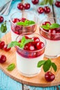 Homemade dessert panna cotta with cherry and mint