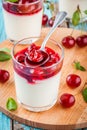 Homemade dessert panna cotta with cherry and mint Royalty Free Stock Photo