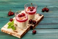 Homemade dessert panna cotta with cherry sauce and mint. banner menu recipe place for text Royalty Free Stock Photo
