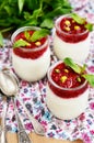 Homemade dessert - raspberry and pistachio yogurt with mint