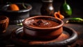 A homemade dessert in a rustic earthenware bowl with chocolate generated by AI