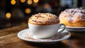 Homemade dessert on rustic table, indulgence in frothy cappuccino generated by AI