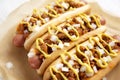 Homemade Detroit style chili dog on parchment, side view. Closeup