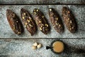 Homemade diet flap jacks with pistachio and nuts, flat squares from above Royalty Free Stock Photo