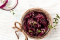 Homemade DIY natural healthy red onion marmalade jam, confiture, chutney in jar. Vegetable jam on white wooden background. French Royalty Free Stock Photo