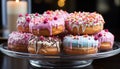Homemade donut, chocolate icing, strawberry, marshmallow, colorful party delight generated by AI Royalty Free Stock Photo