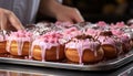 Homemade donut, chocolate icing, sweet temptation, indulgence celebration generated by AI