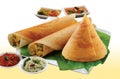 Dosa dhosa masala plain maisuri (Ghee Roast) with Chutney and Sambar on banana leaf South Indian Breakfast