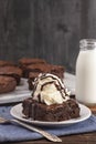 Double Chocolate Brownies Sundae with Vanilla Ice Cream on Top