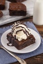 Double Chocolate Brownies Sundae with Vanilla Ice Cream on Top