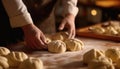 Homemade dough rolling, preparing fresh bread, baking delicious cookies generated by AI